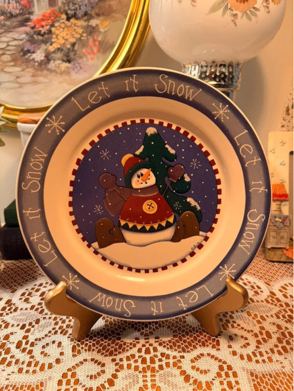 Vintage Jackie Ehman Let It Snow Snowman Christmas Salad Plate 8.5”